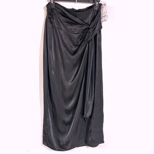 Piombo Silky Satin Faux Wrap Midi Skirt Ruching Front Slit In Black Sz 8 NWT